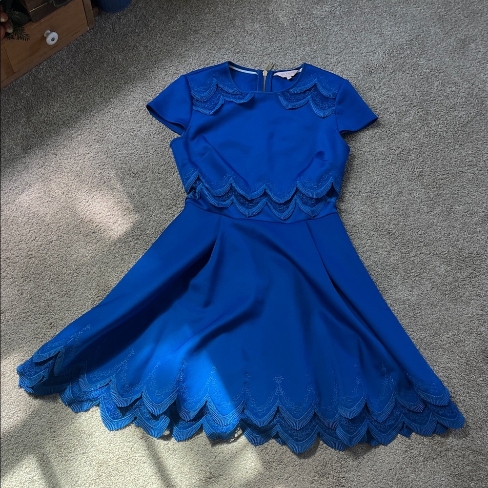 Ted Baker Royal Blue Embroidered Fringe Tiered Scalloped Cap Sleeve Fitnflare
